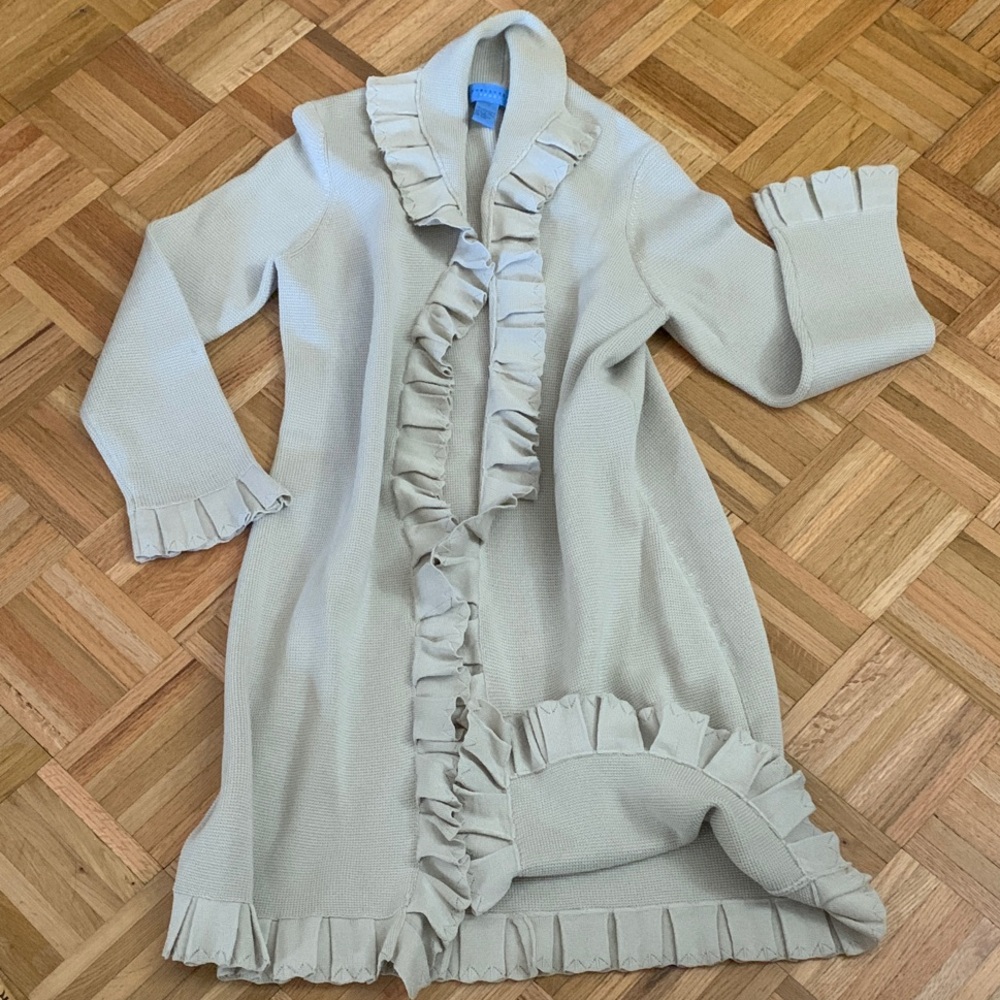 DONCASTER Long Duster Sweater w/ Ruffle Trim Neutral - Women’s Size Large - EUC